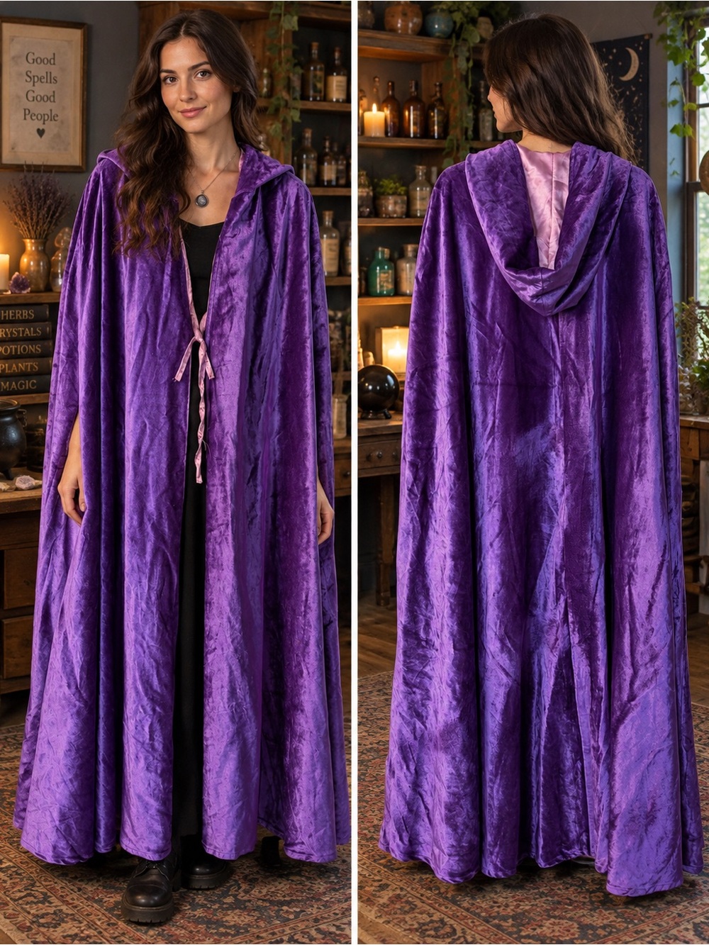 Full Length Hooded Cape Cloak Satin Lined Witch Renaissance Costume